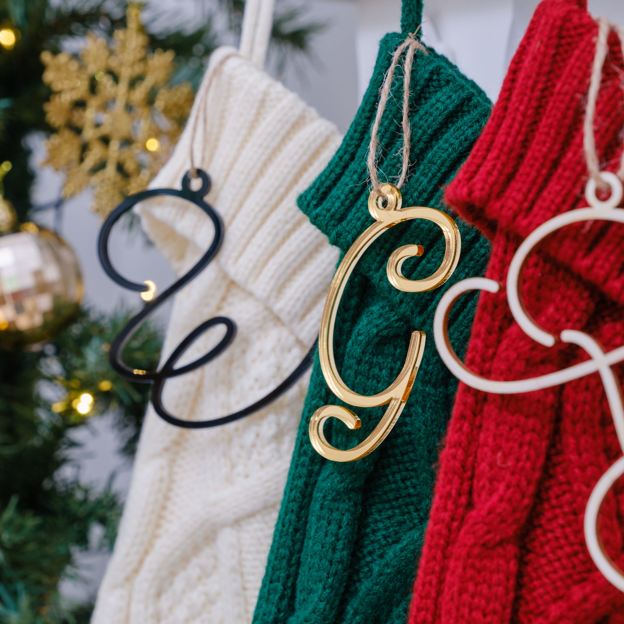 Knitted Christmas stocking with tags