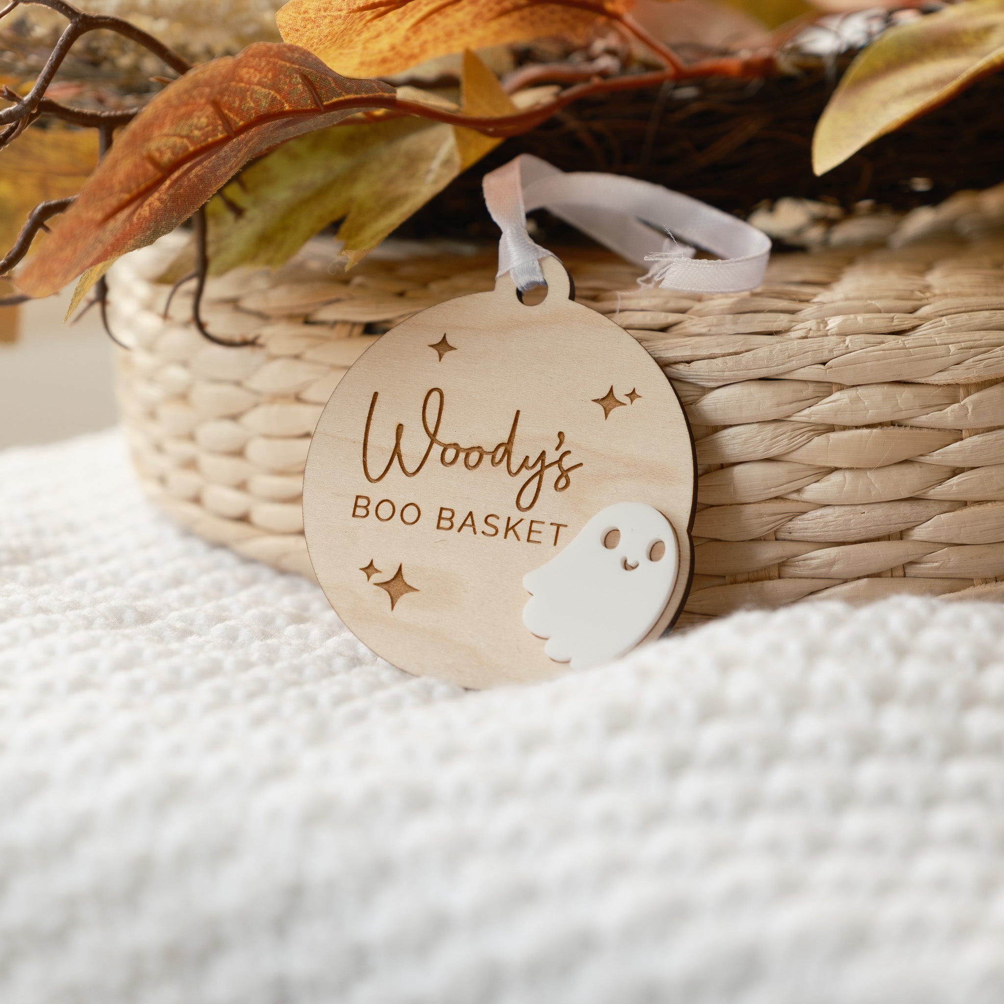 boo bastek name tag with ghost detail