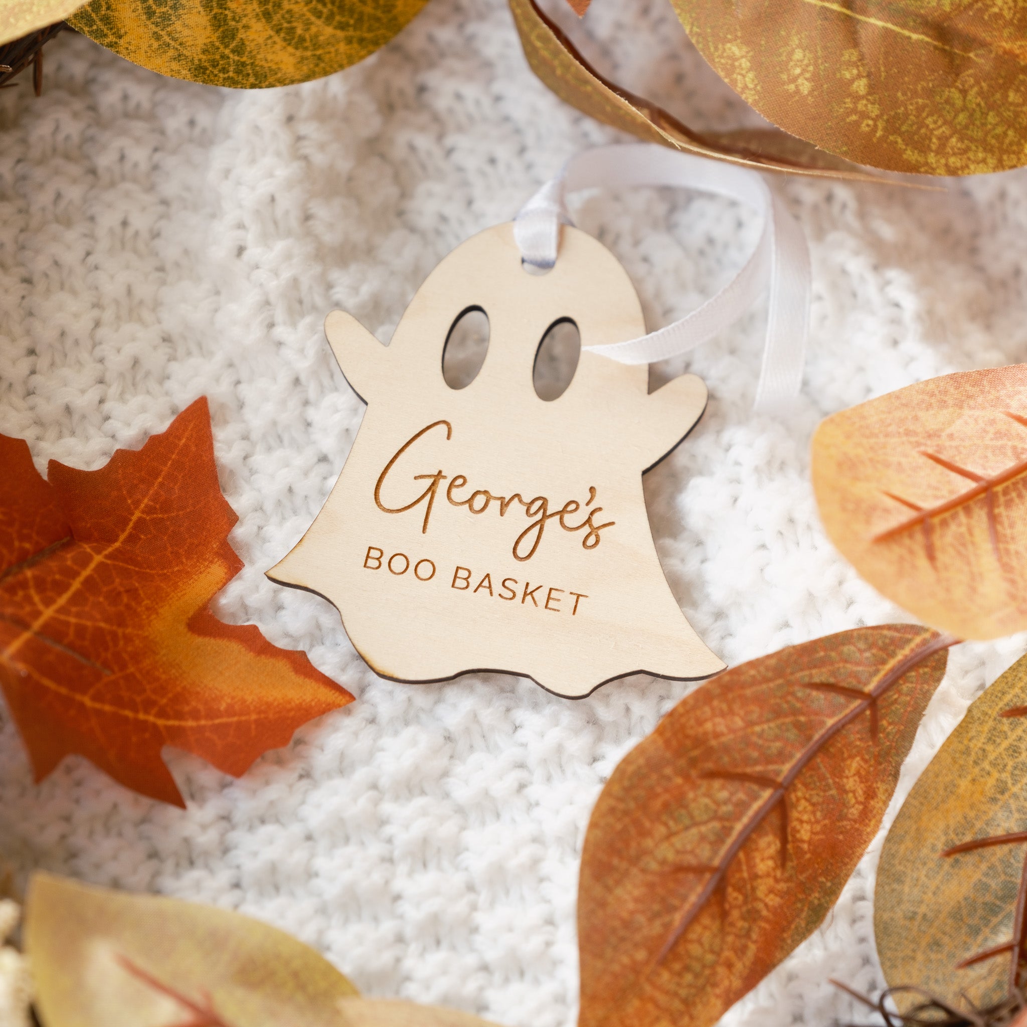 wooden ghost boo basket gift tag