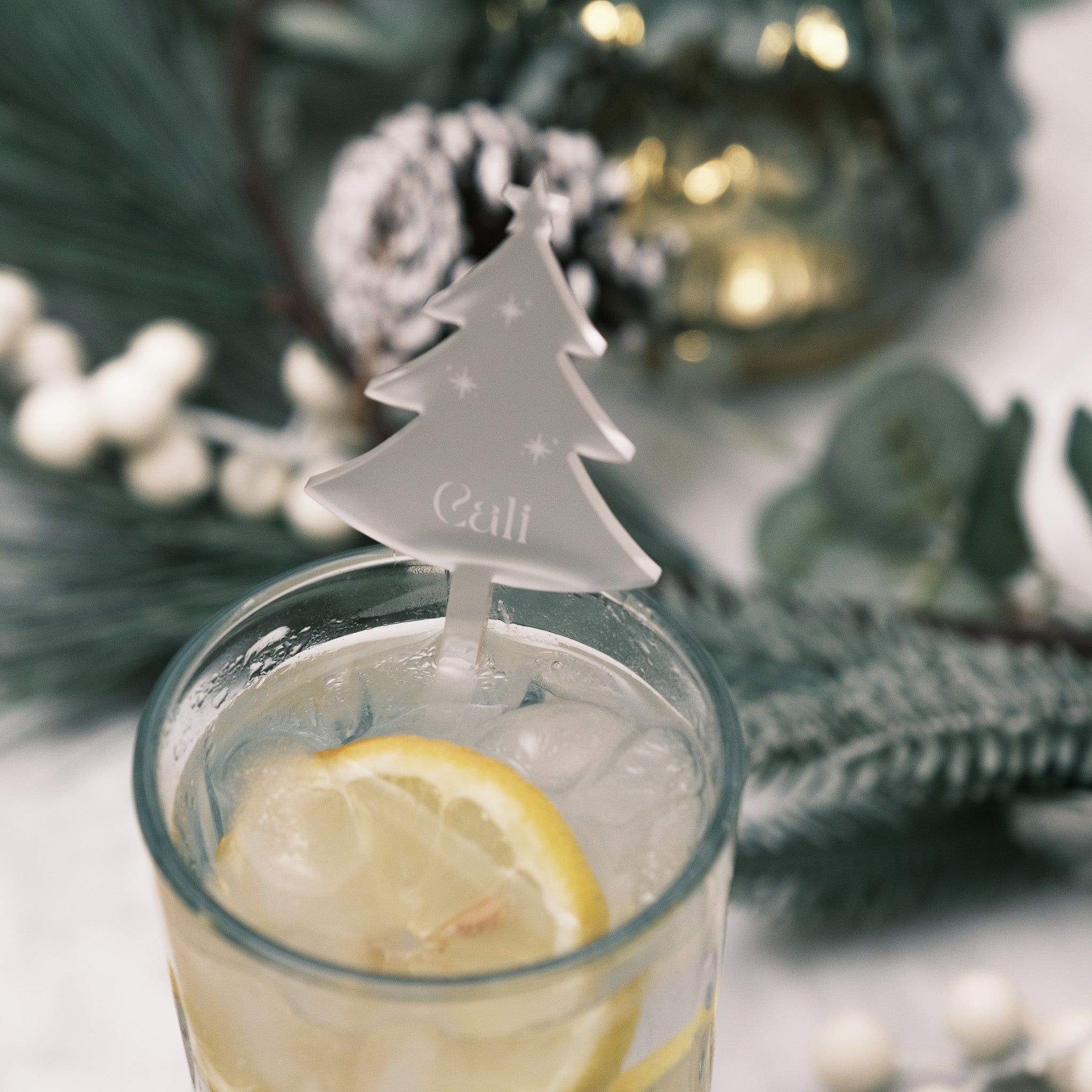 christmas tree drink stirrers with names