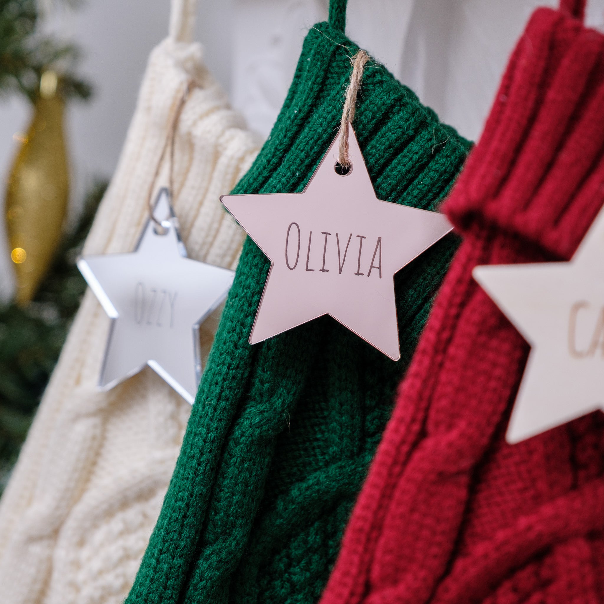 Knitted christmas stocking with tag