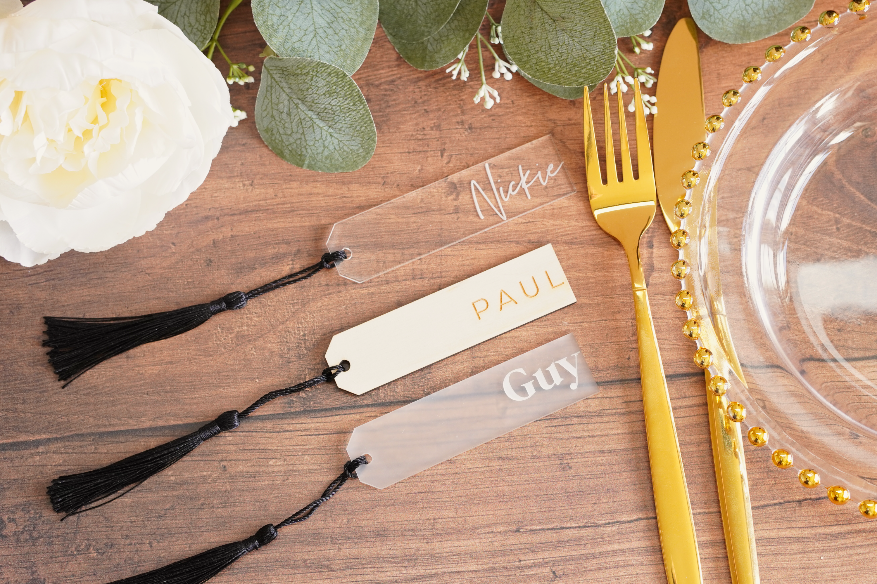 acrylic and wood wedding bookmark place names