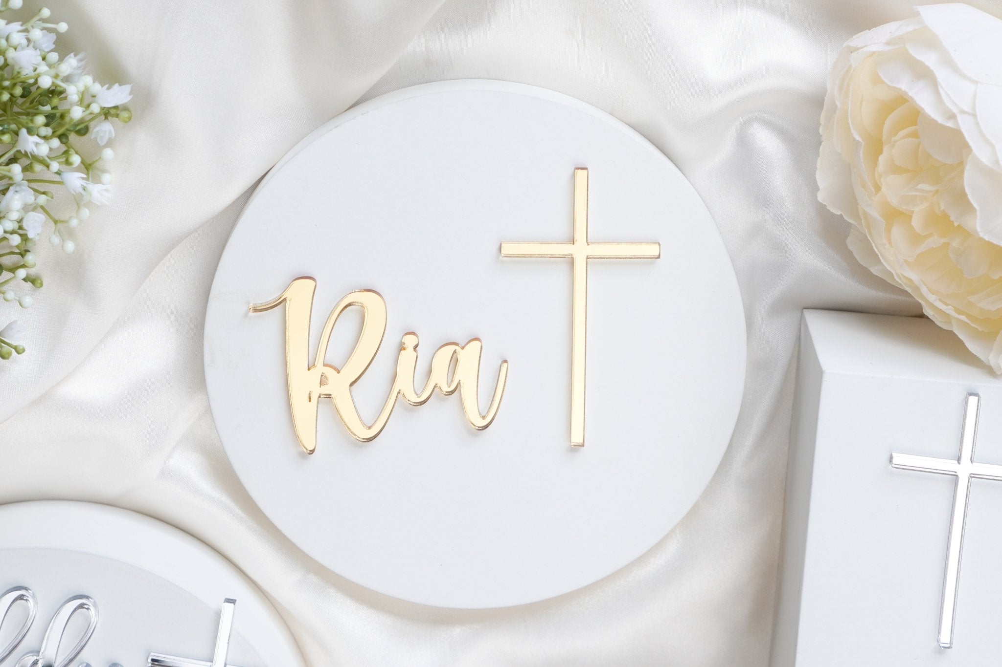 Name and Cross Cake Charm Set