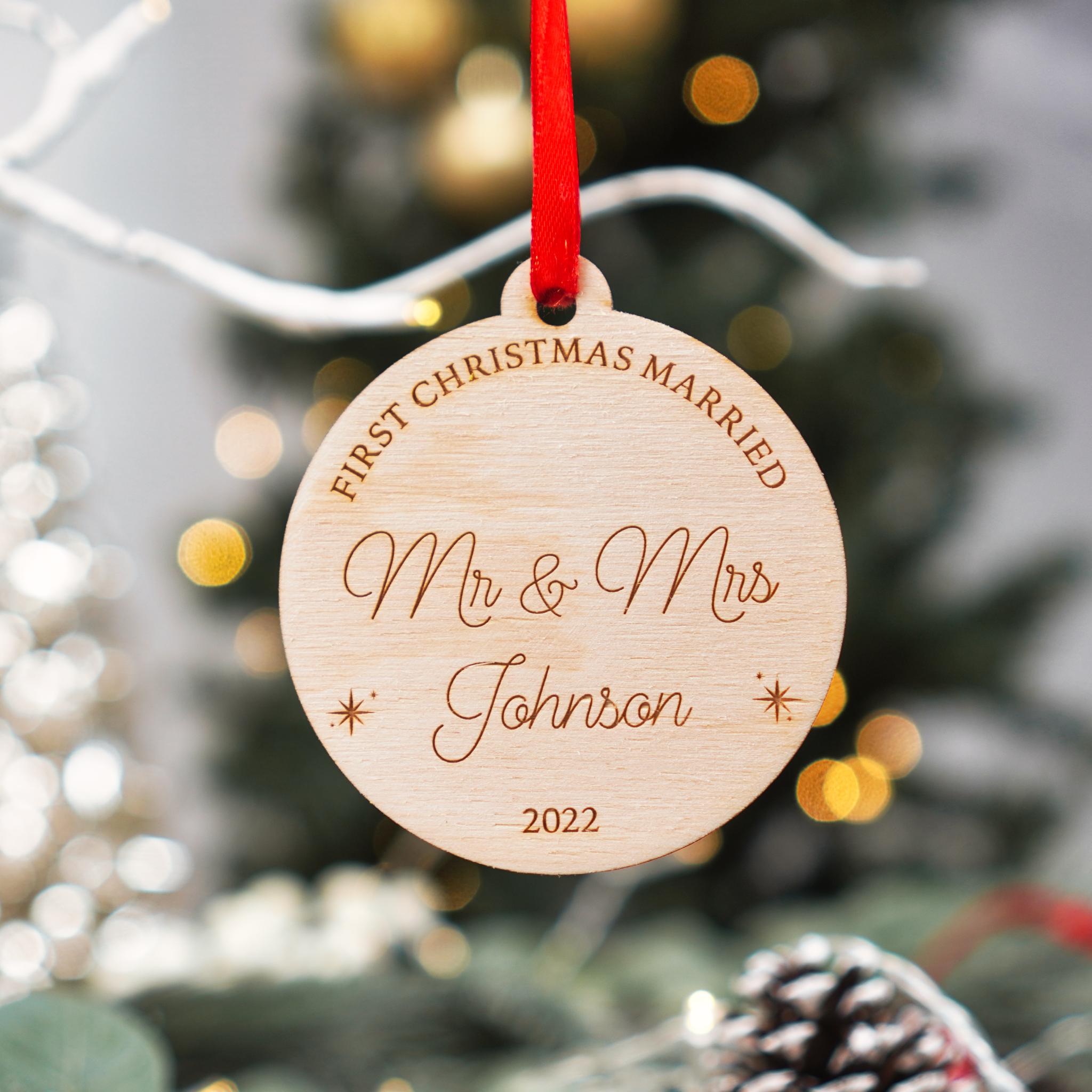 wooden personalized first Christmas married bauble gift for couples
