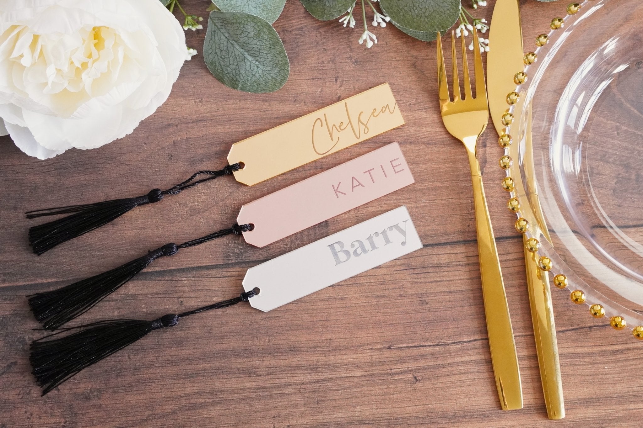 personalised acrylic wedding name tags with black tassels