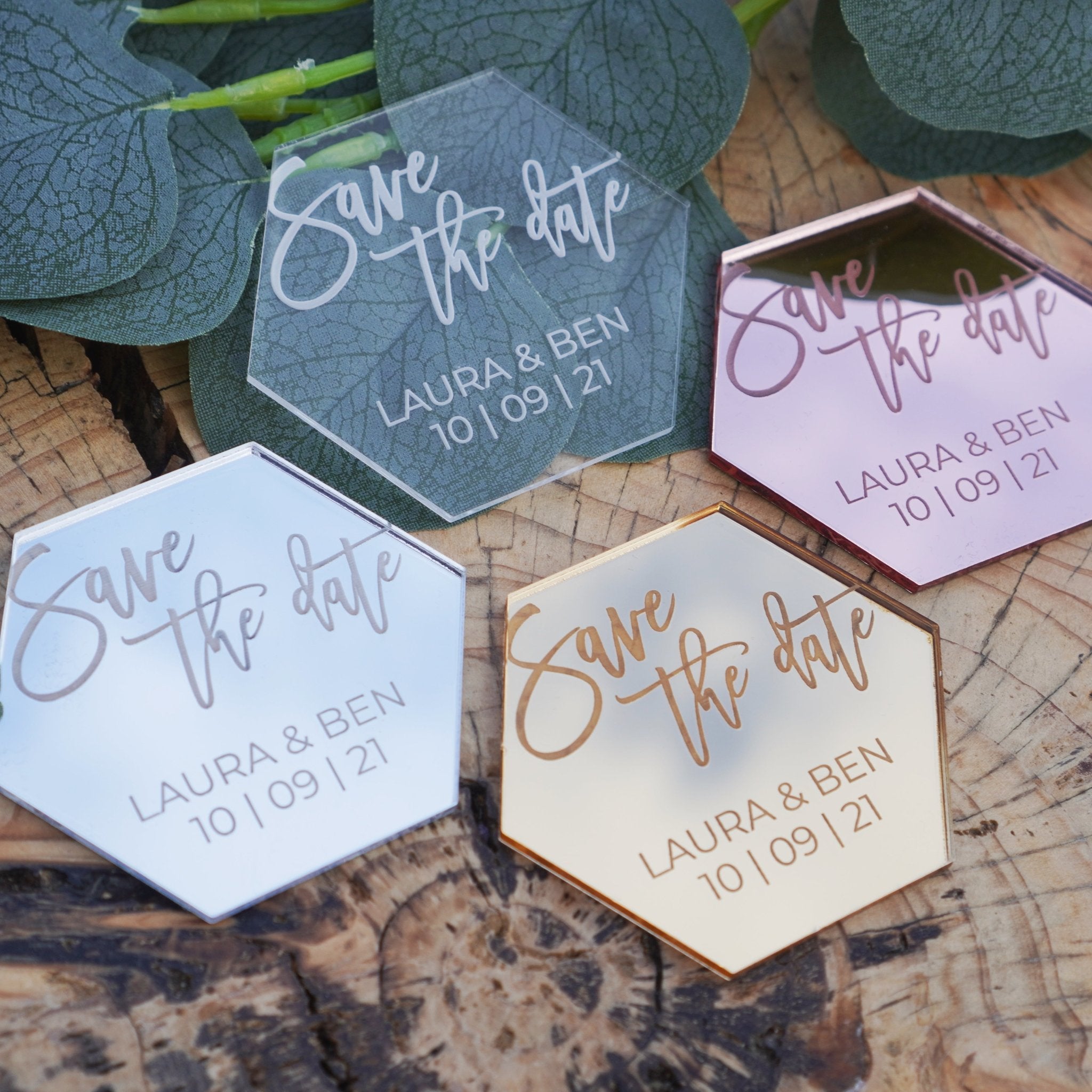 personalised hexagon acrylic save the date
