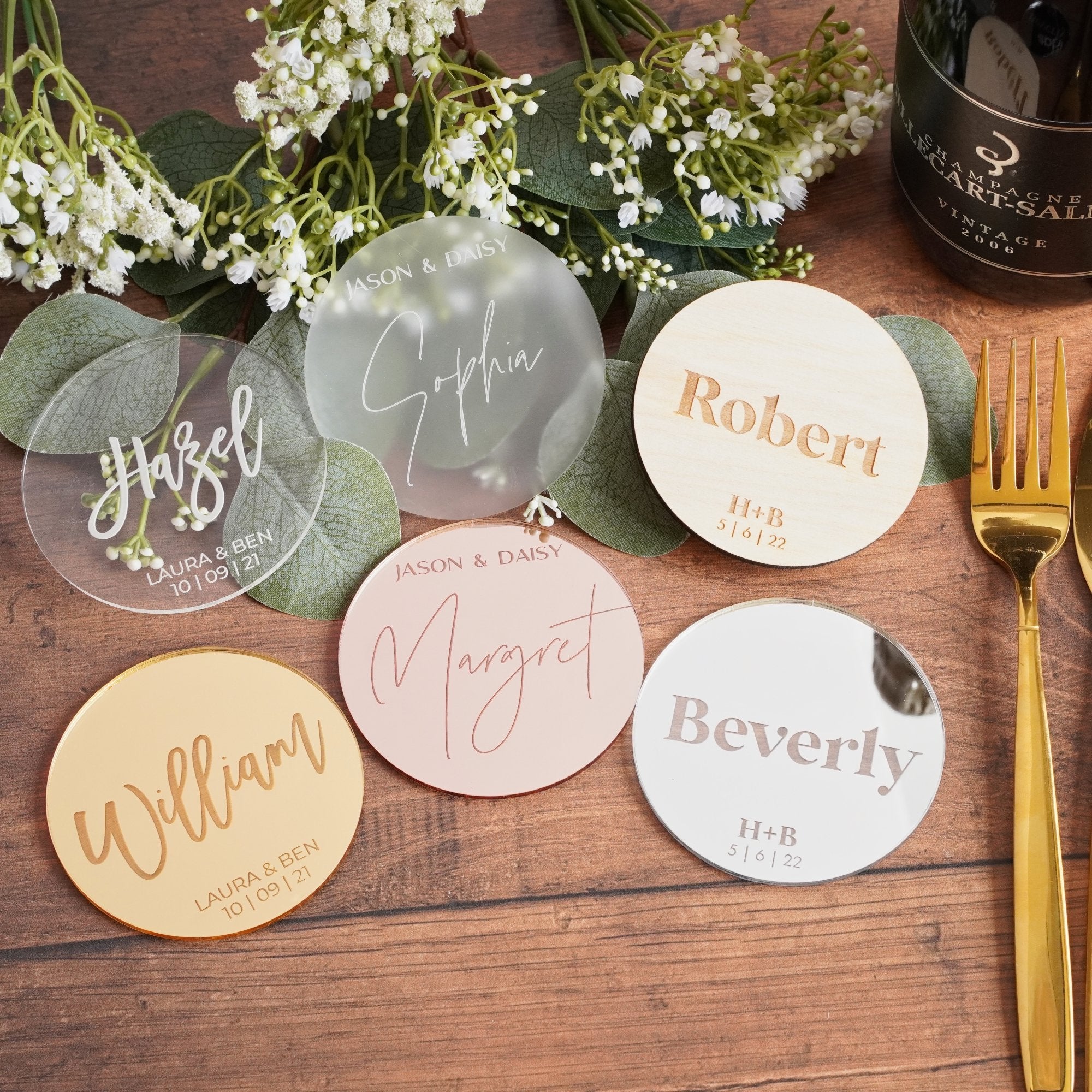 acrylic circle personalised wedding coasters