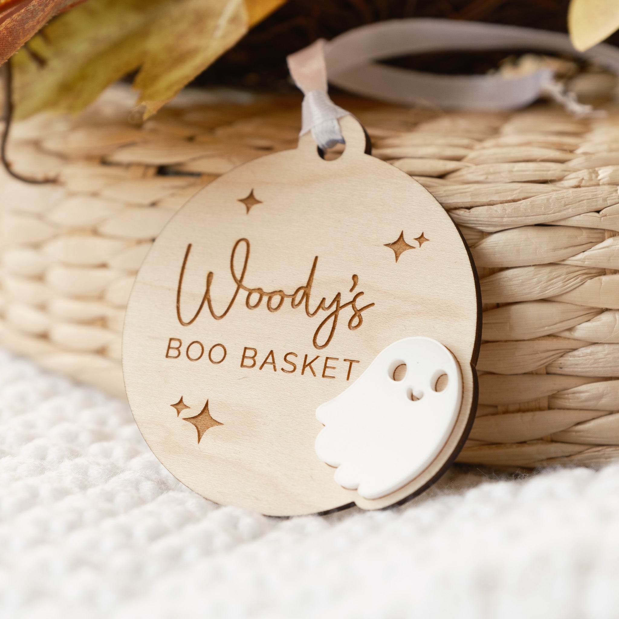 wooden personalised boo basket name tag