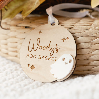 wooden personalised boo basket name tag