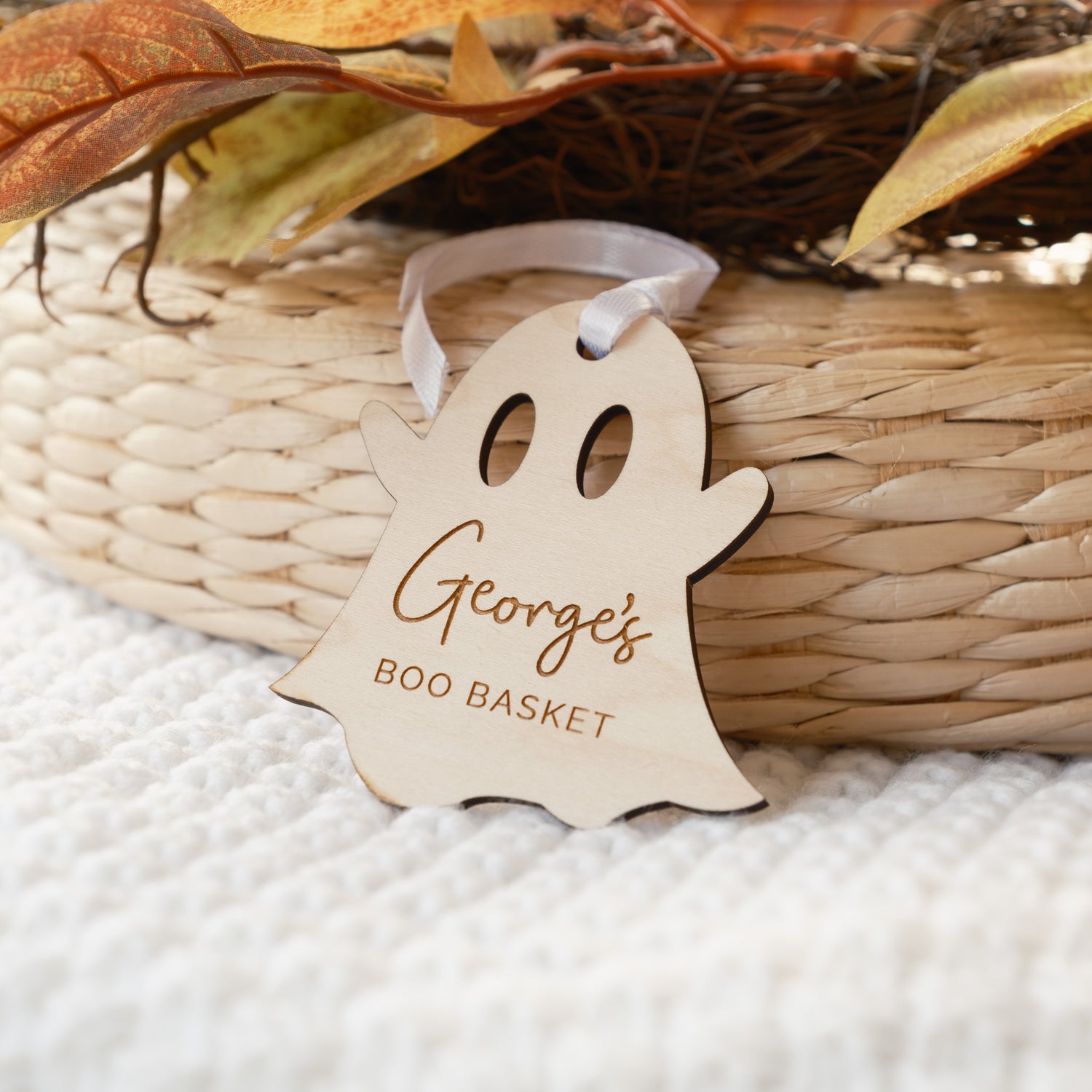 wooden ghost boo basket trick or treat halloween decor
