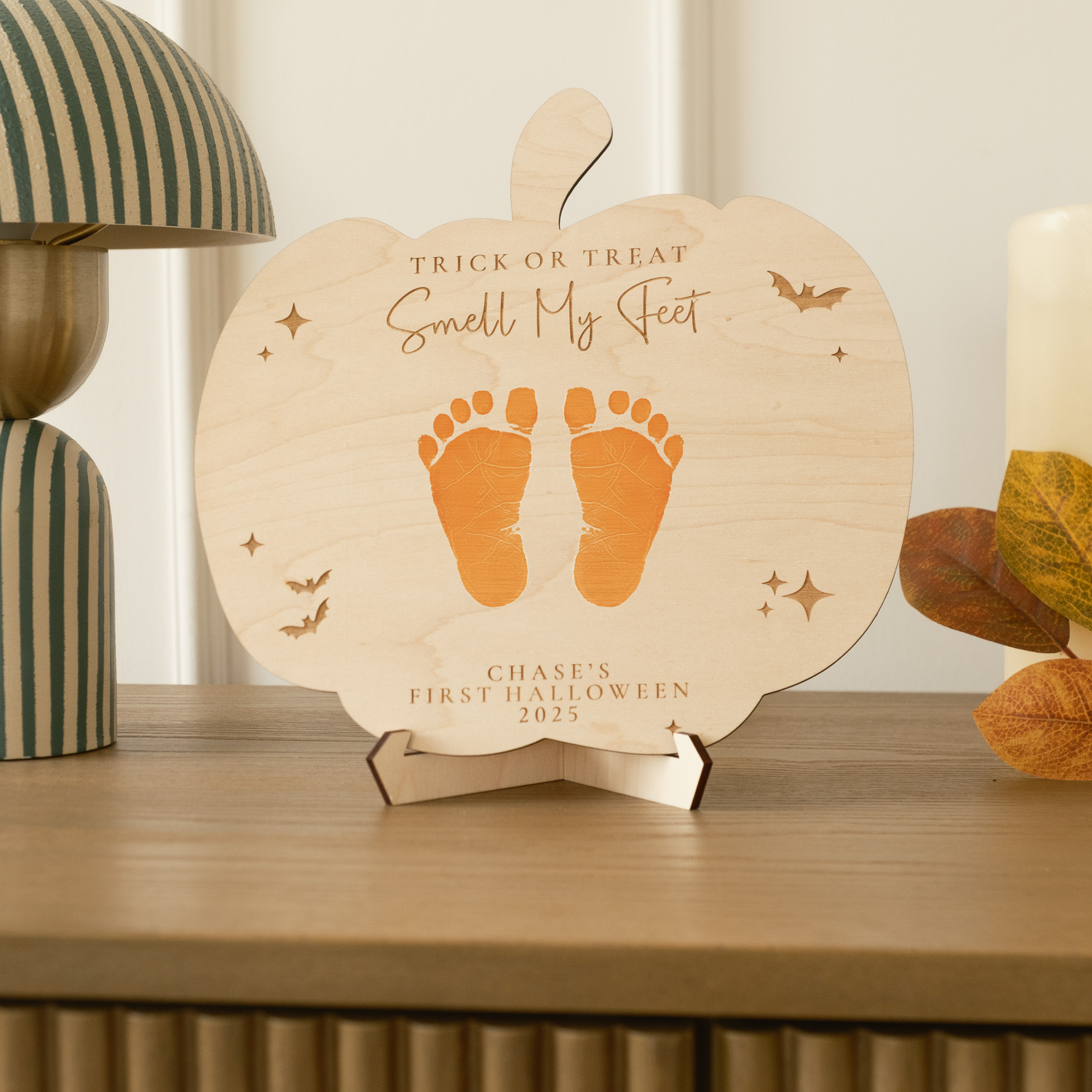 pumpkin shaped first halloween footprint plaque