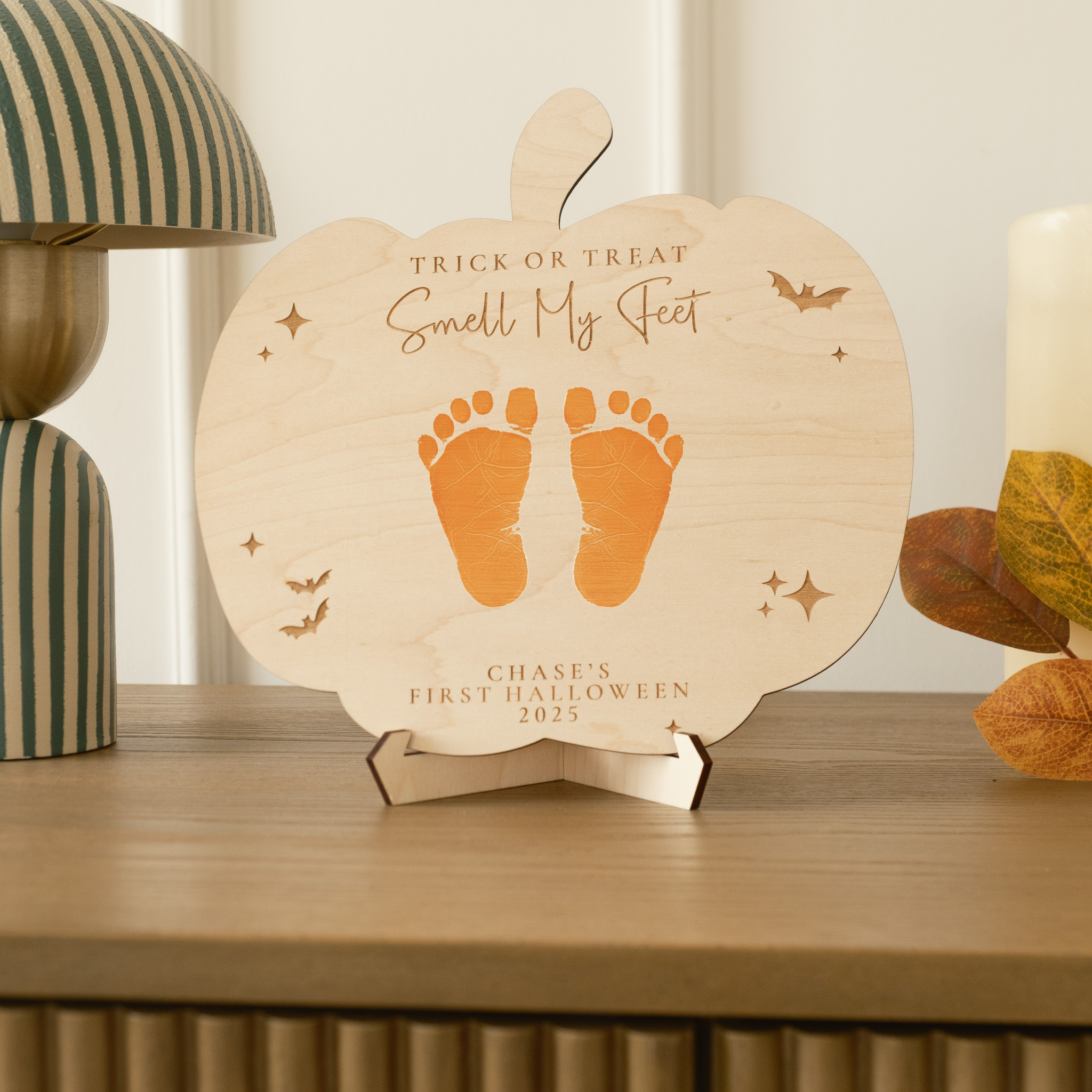 pumpkin shaped first halloween footprint plaque