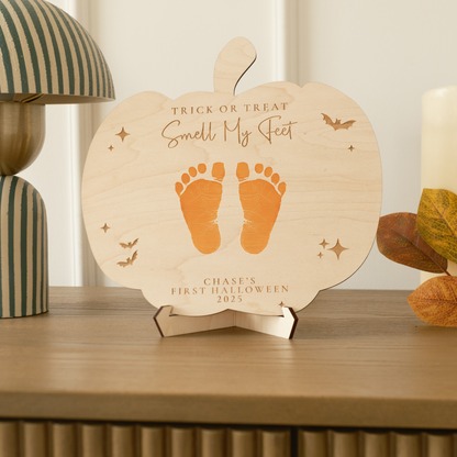 pumpkin shaped first halloween footprint plaque