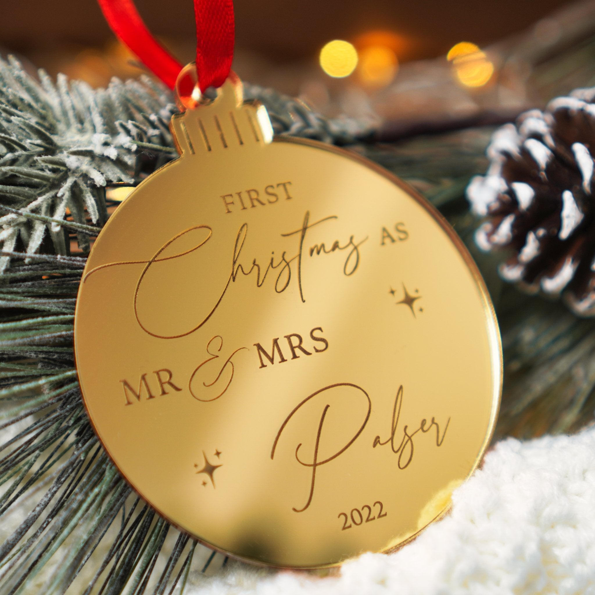 personalised first Christmas married mirror acrylic Christmas tree bauble decoration 
