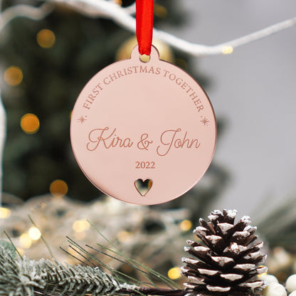 first Christmas together acrylic bauble ornament with heart cut out 