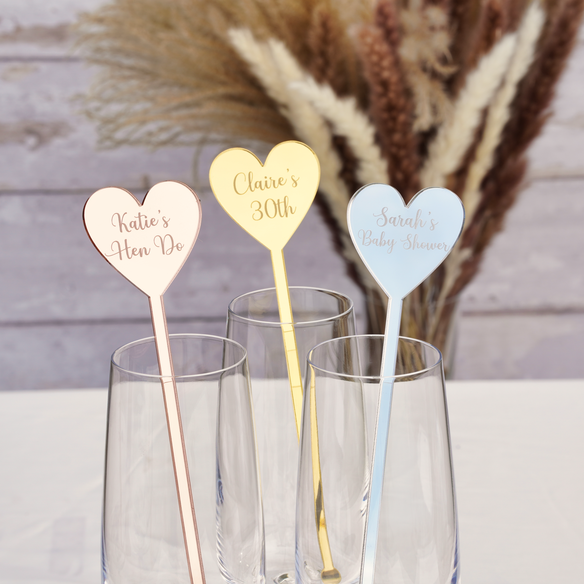 personalised acrylic heart drink stirrers for hen parties