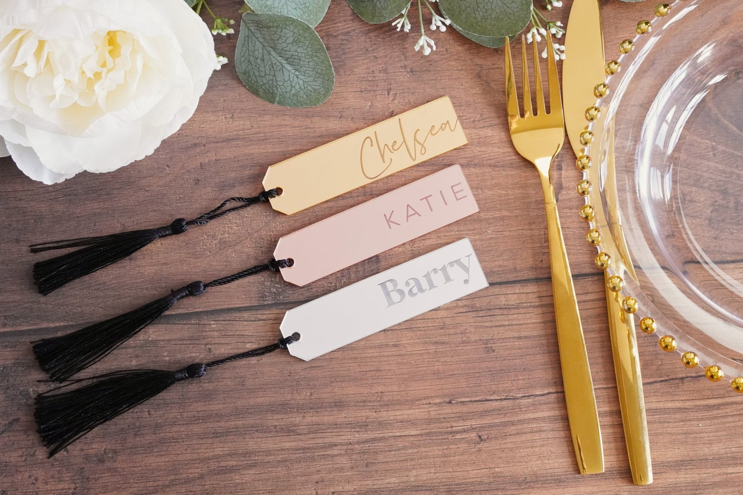 personalised acrylic wedding name tags with black tassels 