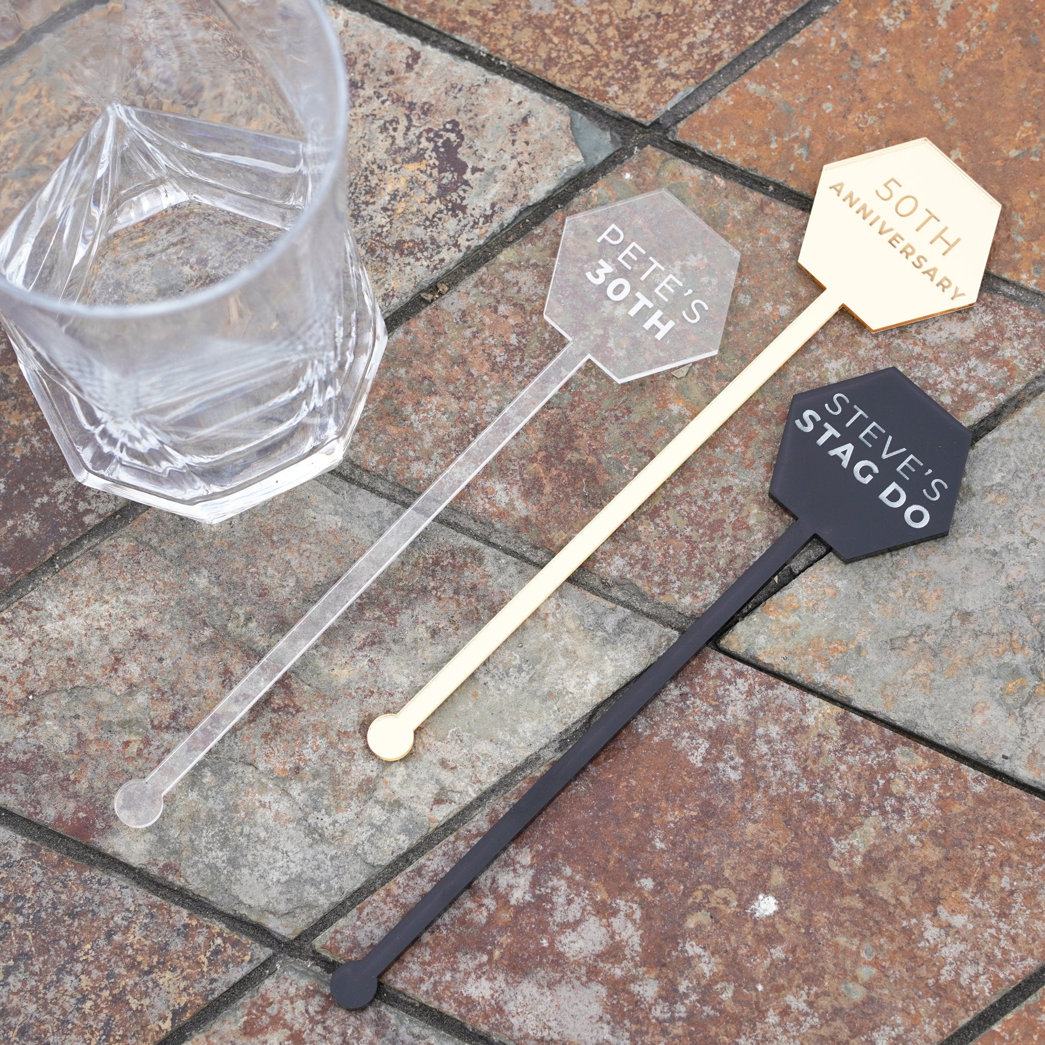 personalised wedding hen or stag do acrylic hexagon cocktail stirrer table decorations  
