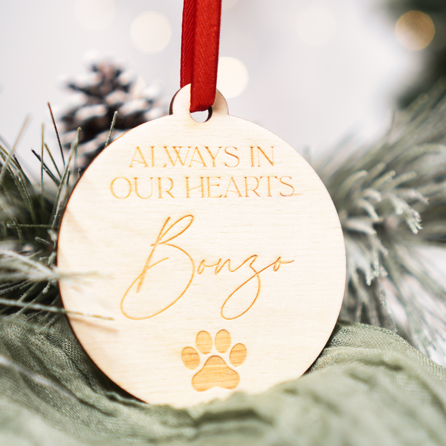 wooden dog memorial personalised Christmas ornament bauble  