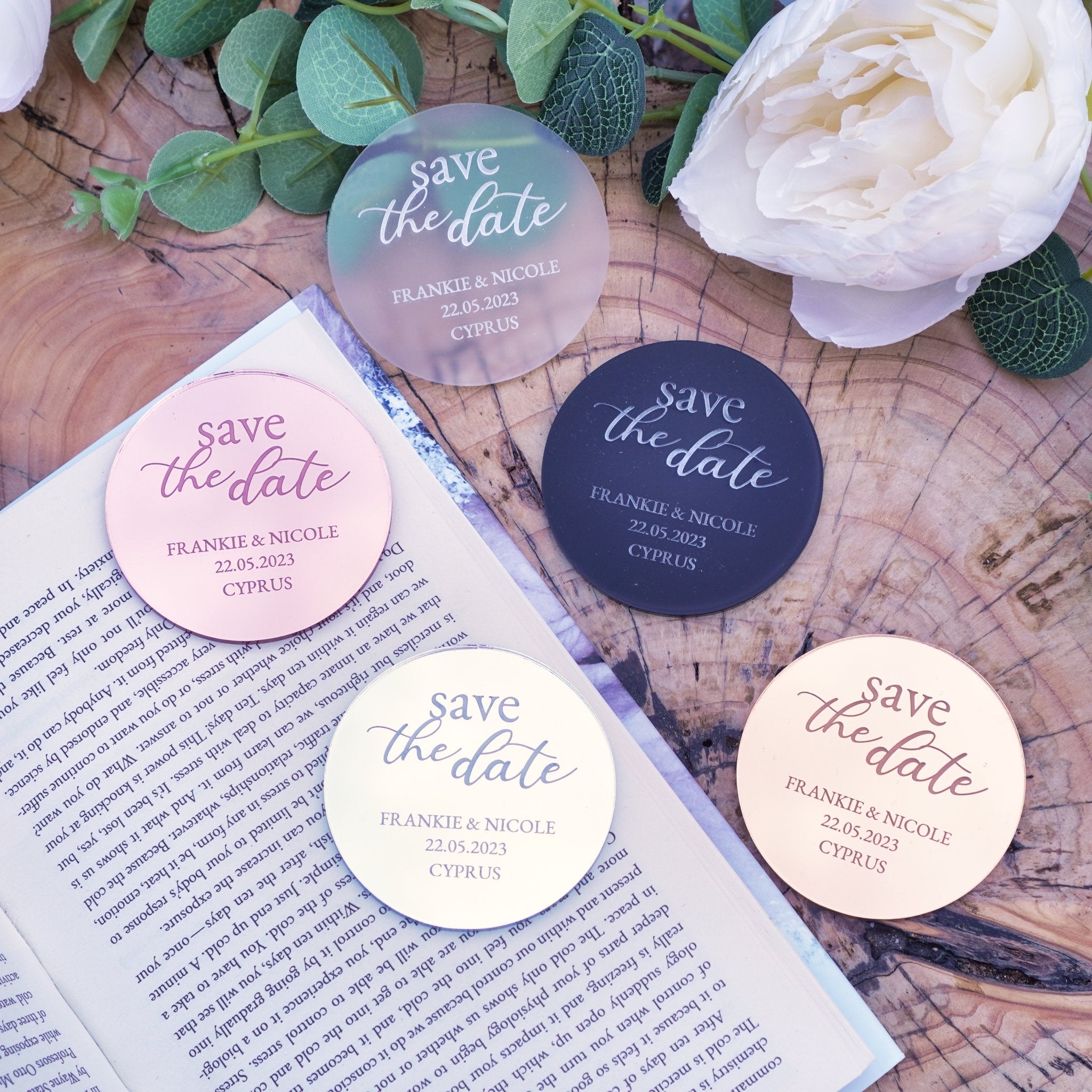 personalised save the date round discs for weddings