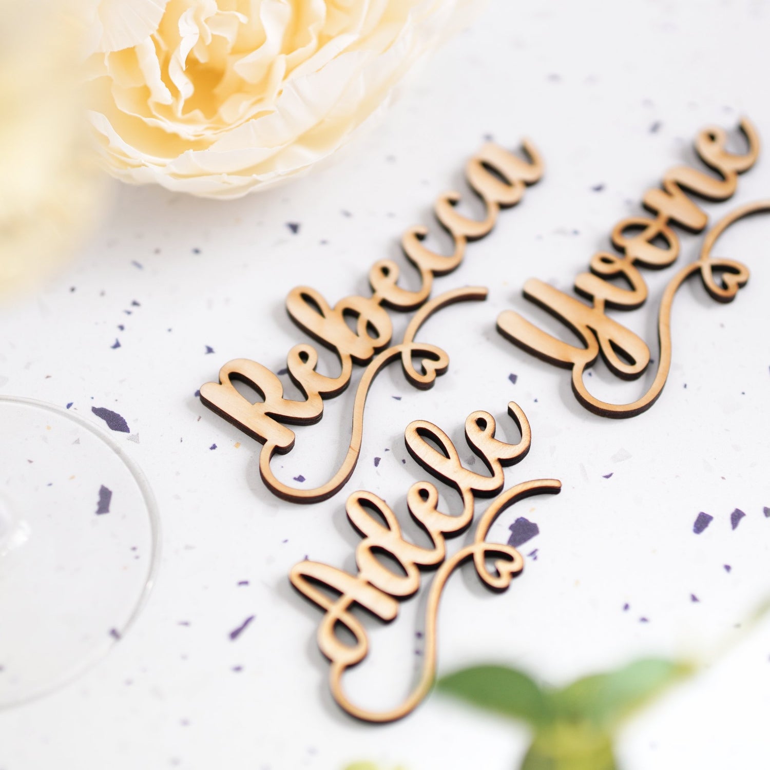 wooden drink name charms with hooks for weddings