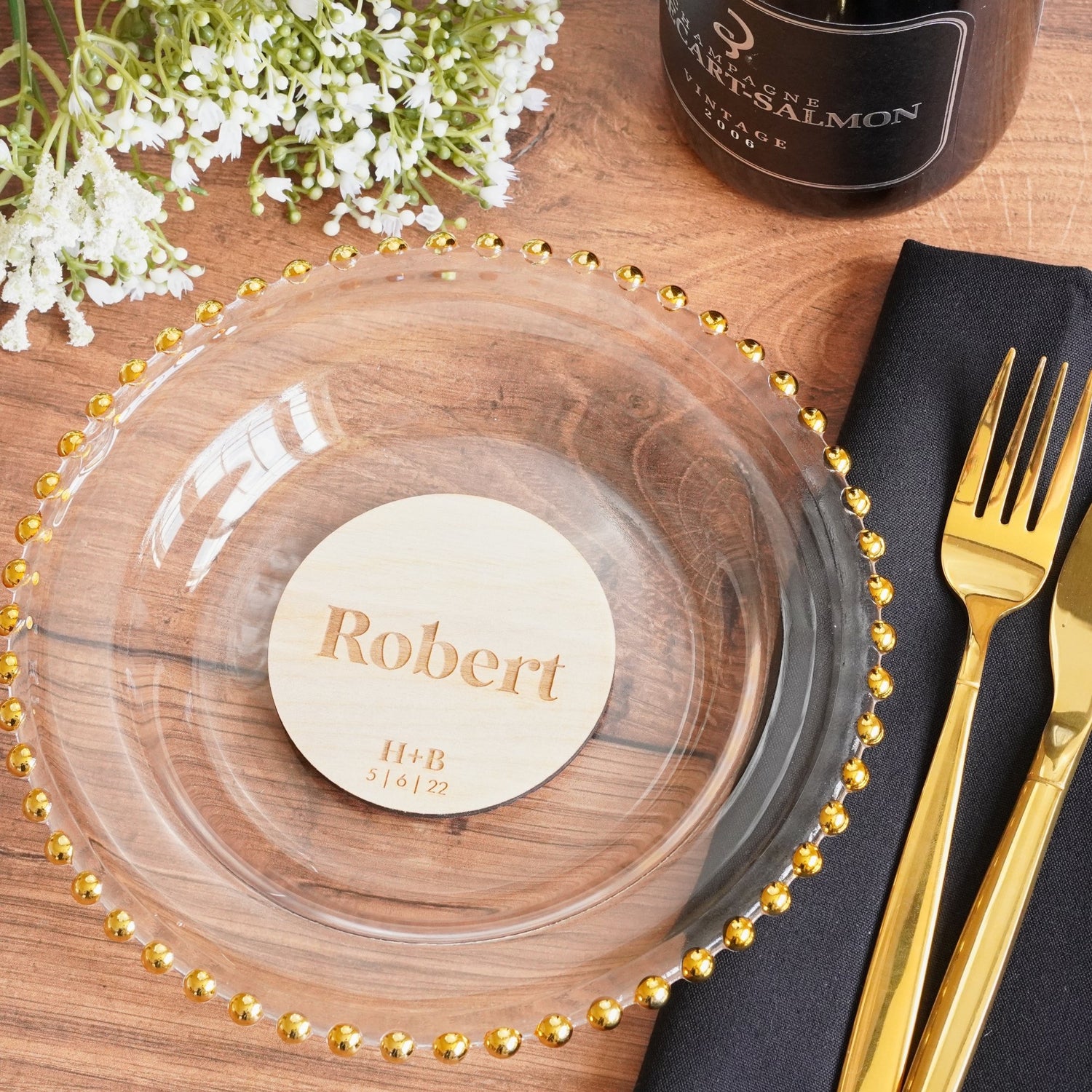 personalised wooden engraved coaster disc for wedding table decor