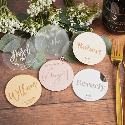 acrylic circle personalised wedding coasters 