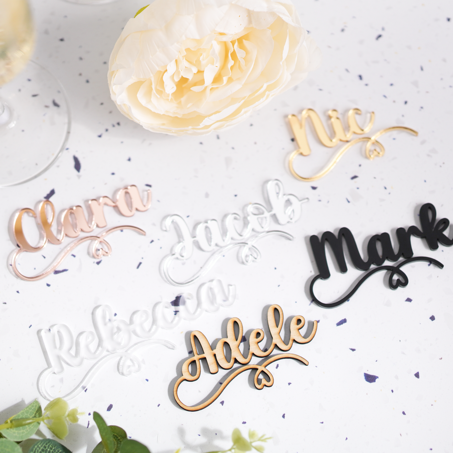 personalised name charms for wedding table decorations and drink glasses