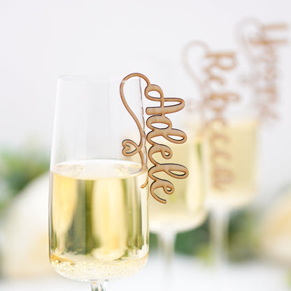 wine and champagne glass personalised wooden name tags